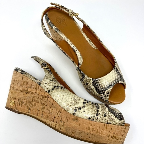 Tory Burch Rosalind Snakeskin Embossed Leather Cork Platform Wedge Sandals - Picture 8 of 11
